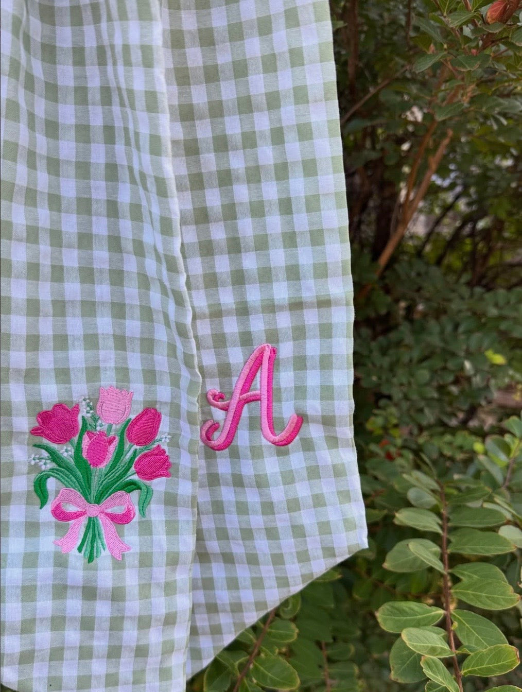 green gingham
embroidered 
wreath sash
okc 
oklahoma city
embroidered gift